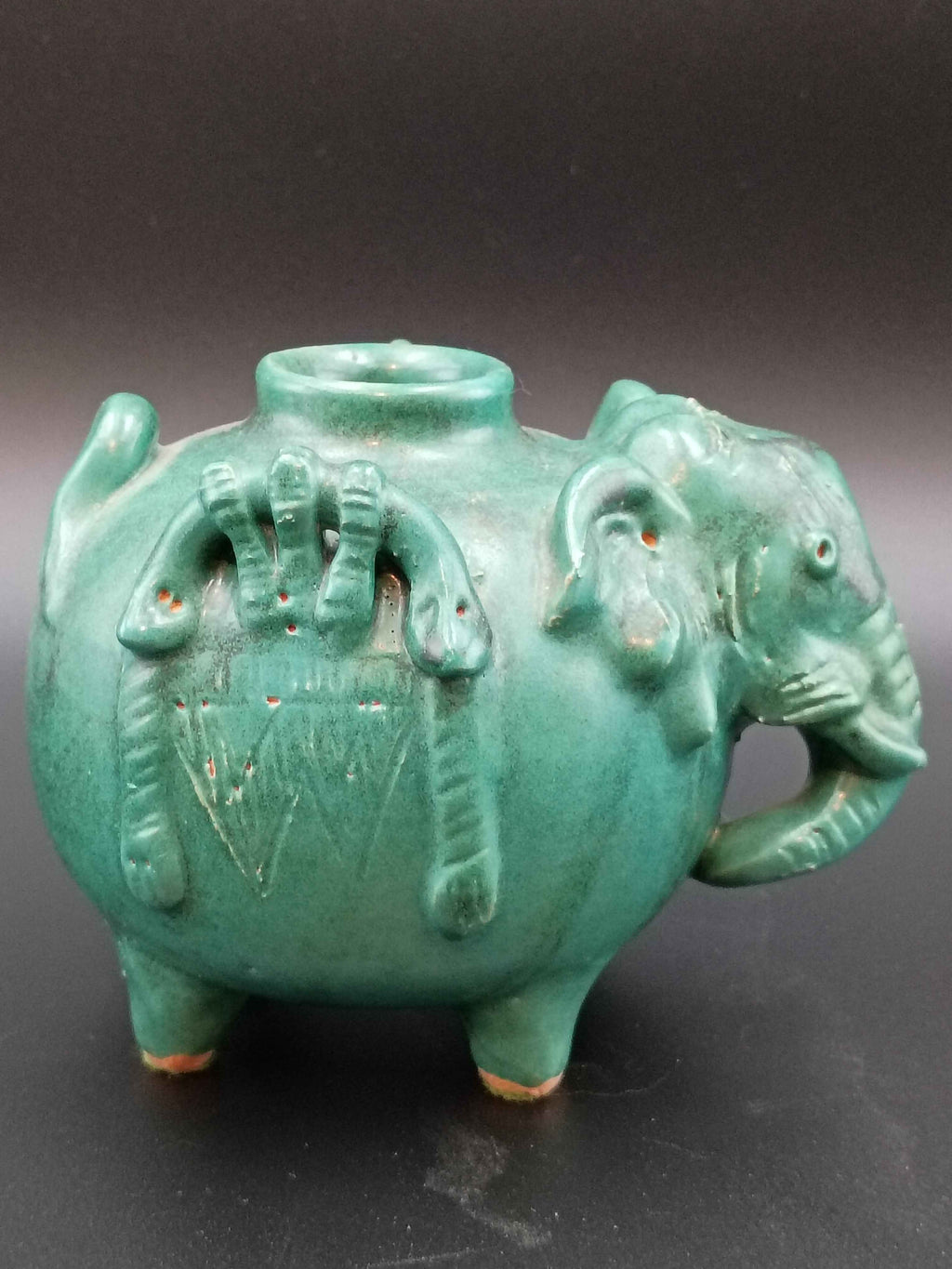 Antique Green Pottery Elephant Vase 4in x 5in