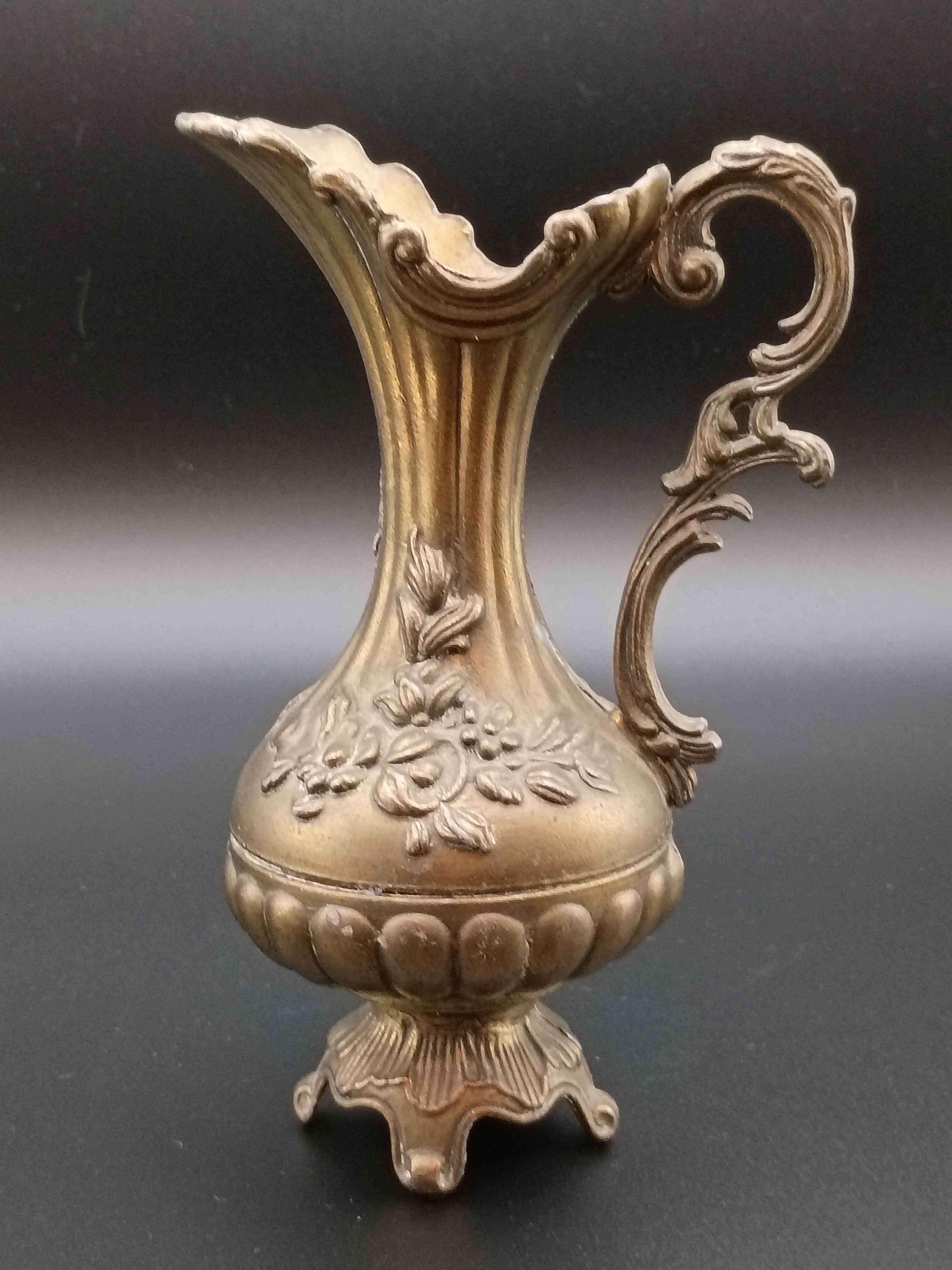 Vintage Italian Brass Finish Pitcher, Ewer, Vase Floral Pattern Made in Italy - Shop Under The Cedar