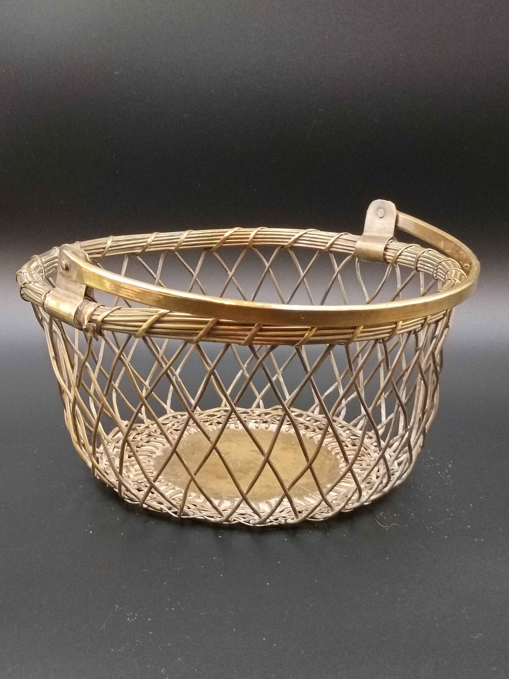 Brass Round Basket Woven Metal Hinged Handle Natural Patina India - Shop Under The Cedar