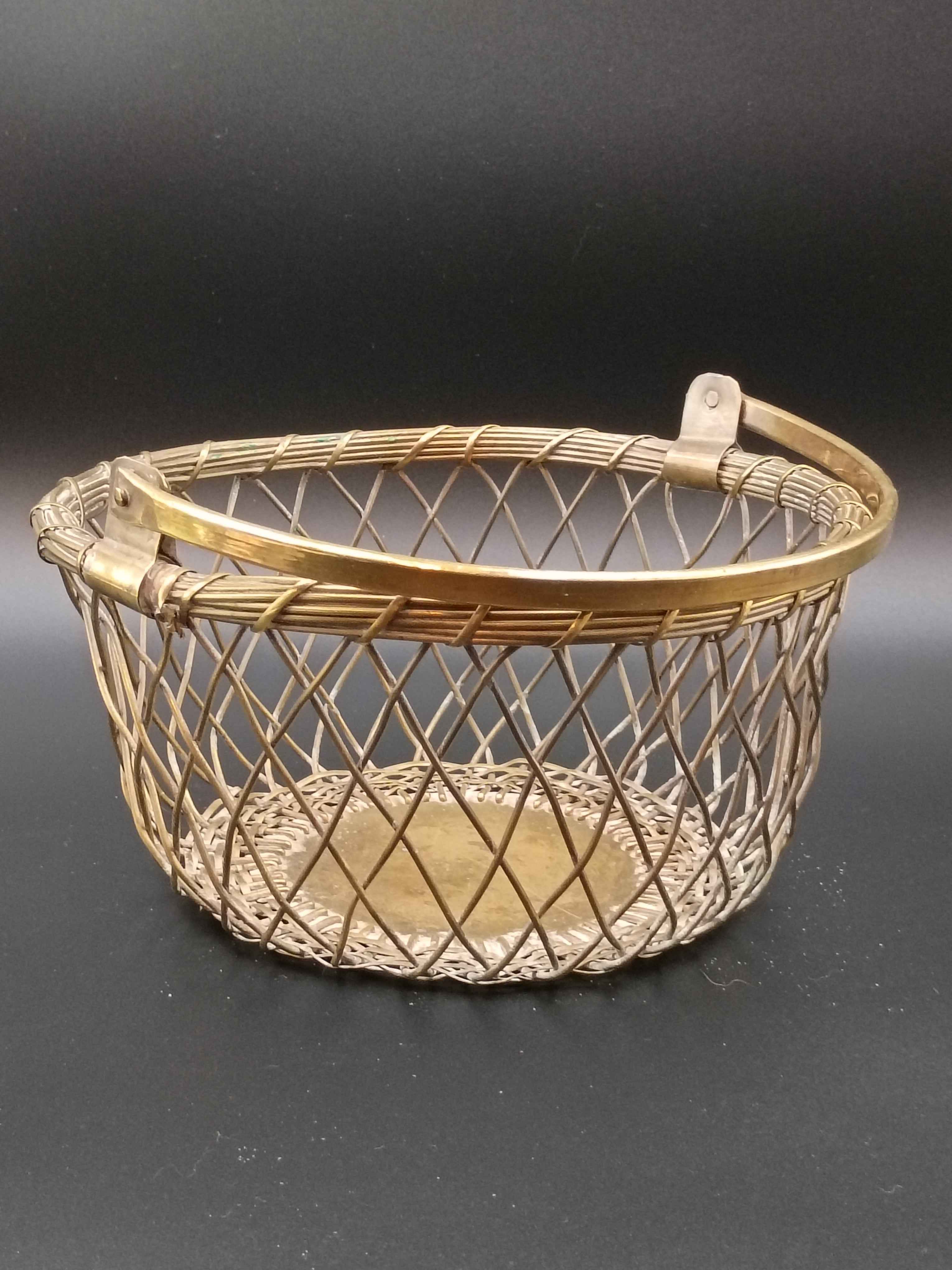 Brass Round Basket Woven Metal Hinged Handle Natural Patina India - Shop Under The Cedar