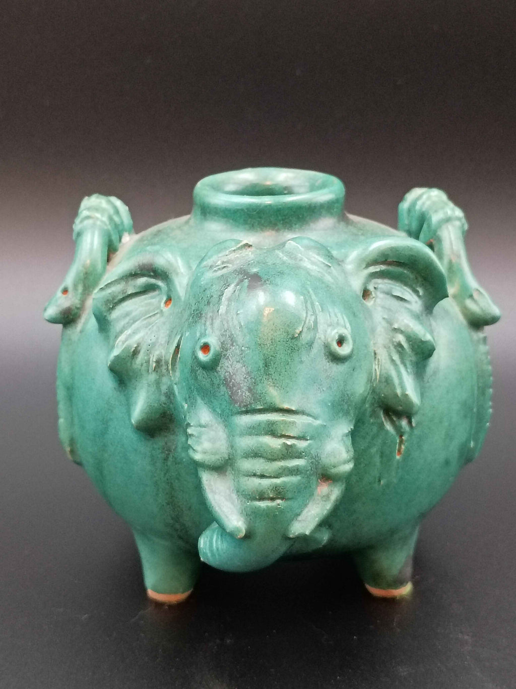 Antique Green Pottery Elephant Vase 4in x 5in