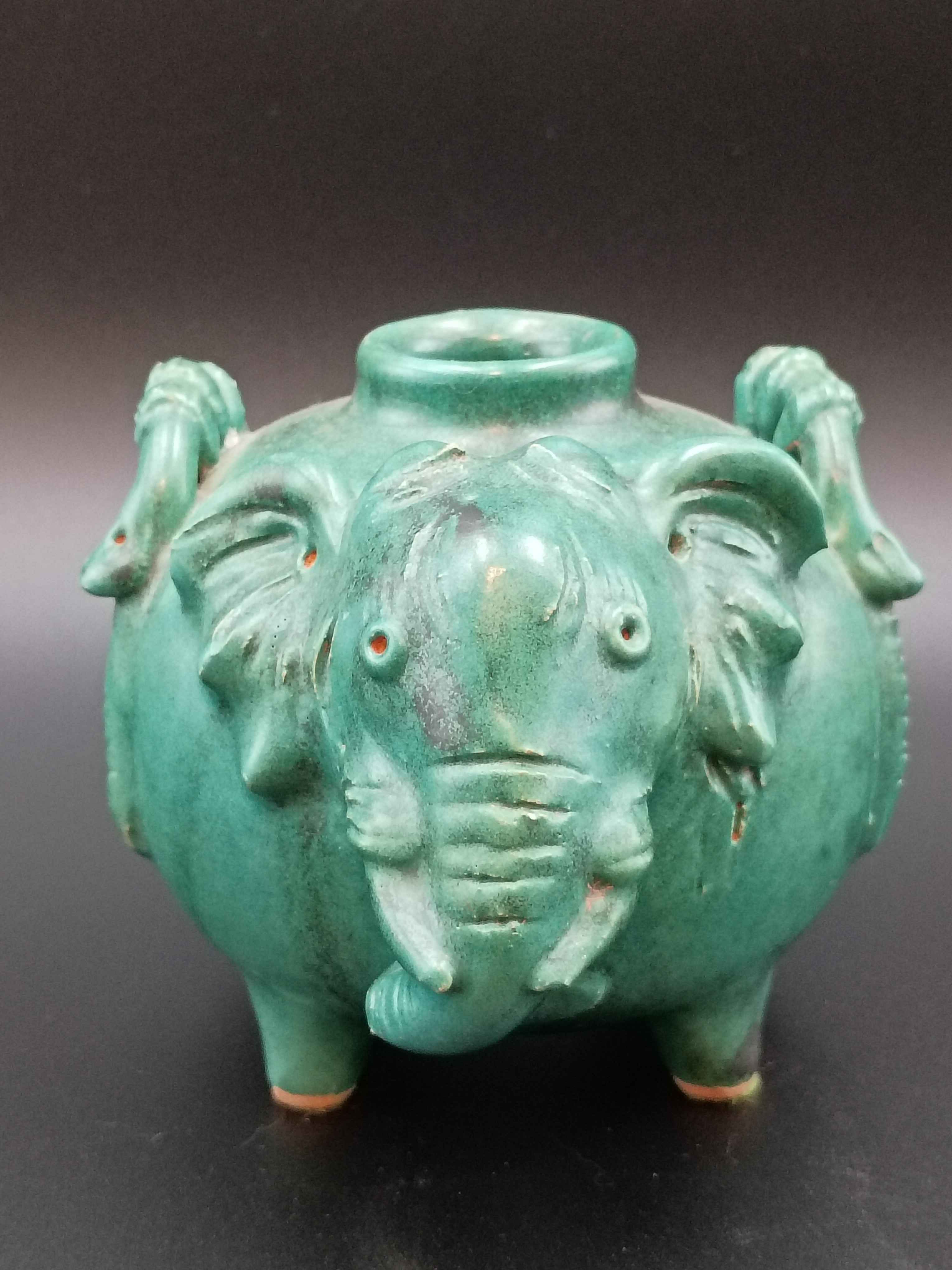 Antique Green Pottery Elephant Vase 4in x 5in