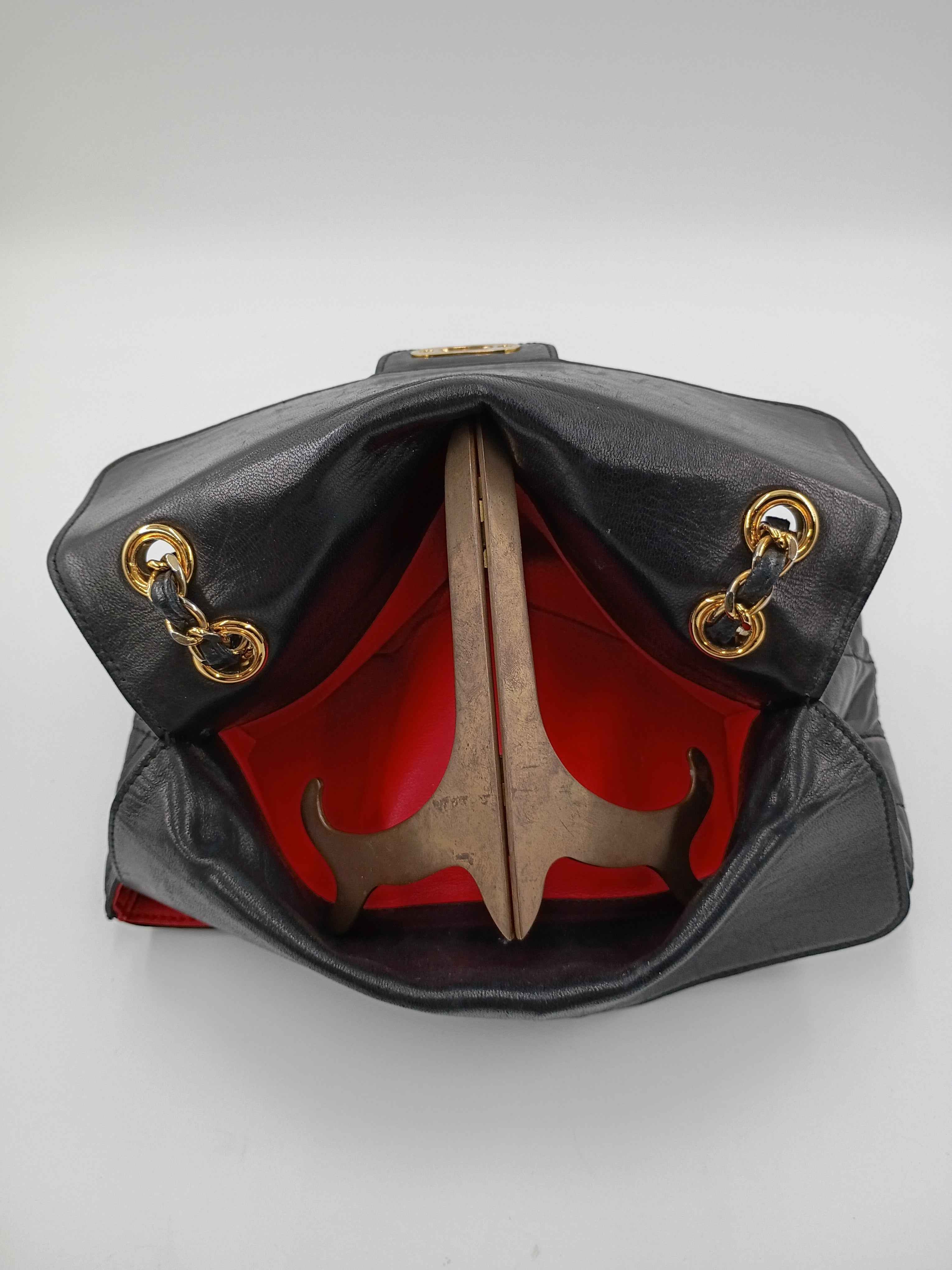 Stefano Handbag Genuine Leather Vintage Black Italian Shoulder Bag, Red Interior.  6in x 9in - Shop Under The Cedar