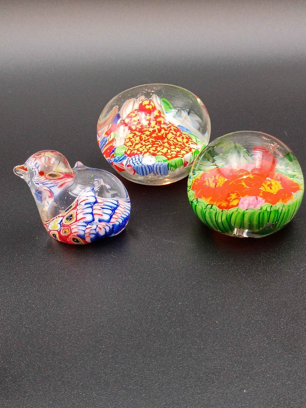Art Glass Paperweights, three 2-3in Paperweights Old Vintage Art Glass Millefiori Paperweight Colorful