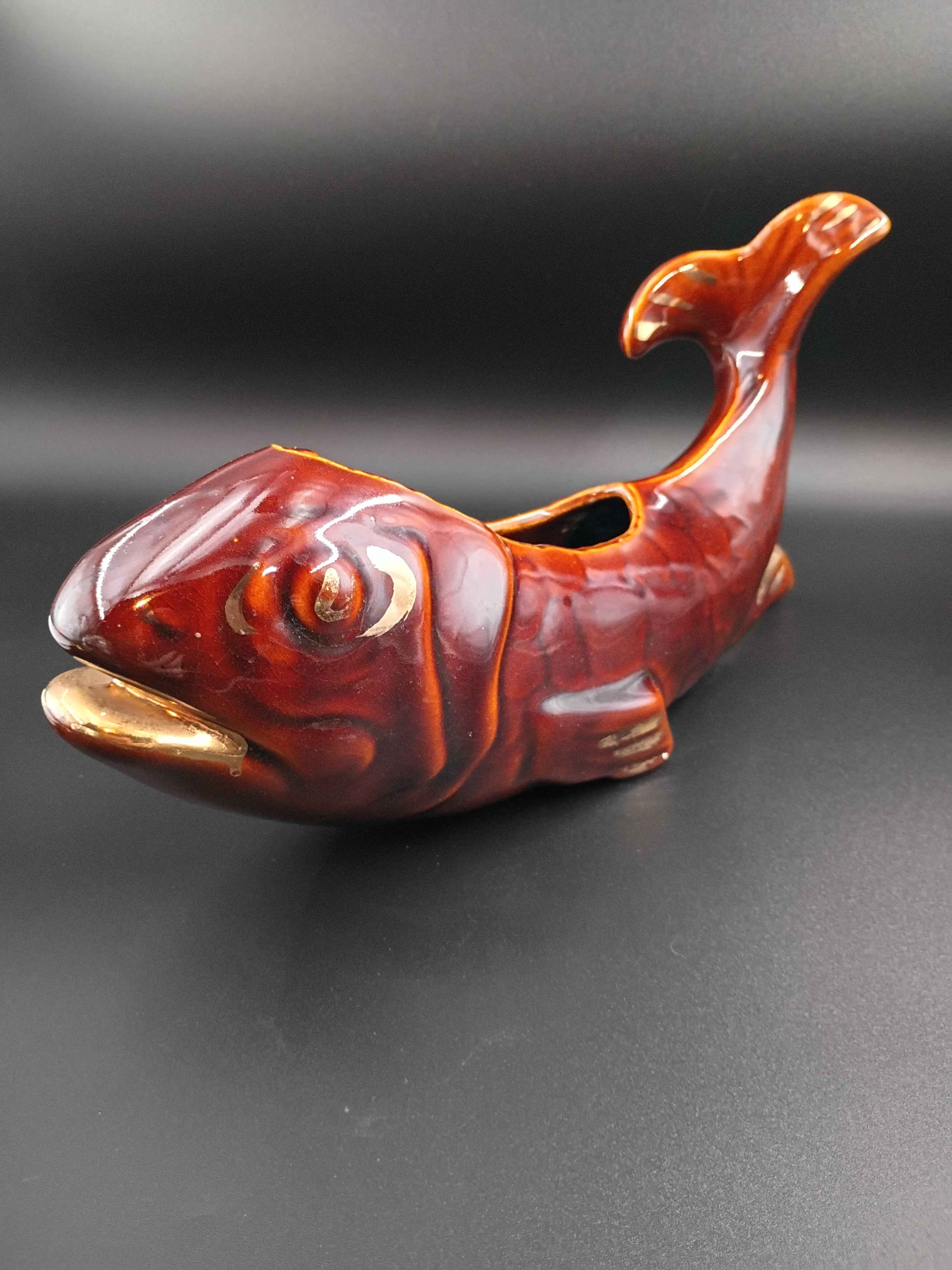 McCoy Koi Fish Planter/ Vase Brown w Gold Accents Pottery #285 Mid-Century MCM